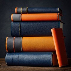 Stacked leather-bound books in vibrant colors