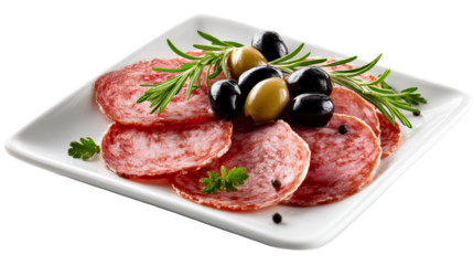 Sliced cured sausage with olives and rosemary garnish on white plate, cut out transparent