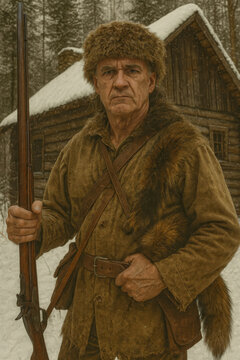  AI-generated image of a rugged frontiersman in fur-trimmed buckskin clothing stands in the snow with a long rifle, framed by a rustic log cabin and winter forest backdrop