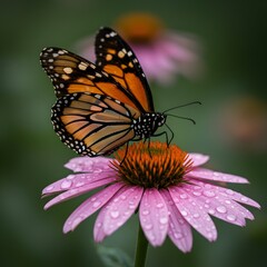 Fototapeta premium Classic monarch butterfly with distinctive orange and black wing pattern perched on pink coneflower bloom - perfect for pollinator conservation and garden photography