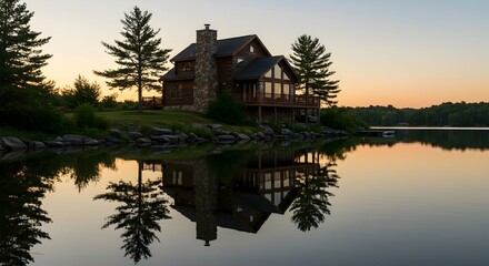 Obraz premium Cozy wooden cabin with warm glowing windows reflected in tranquil lake waters at dusk, surrounded by evergreen trees - perfect for vacation and retreat marketing