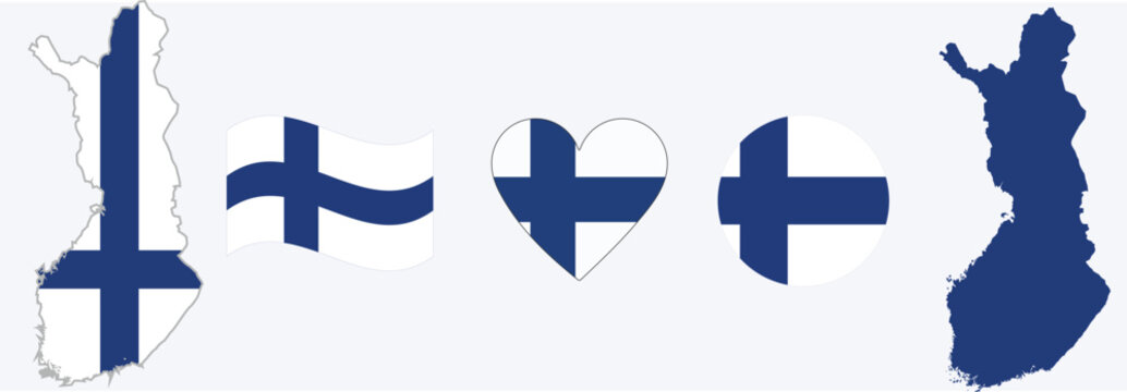 Finland flag and map set. Finland flag in official colours and proportions. Independence day 6 December, map, circle and heart shaped  Finland.