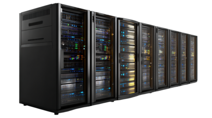Server racks with illuminated internal components against a white background, cut out transparent
