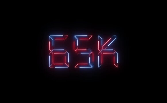 A glowing neon "65K" text icon pulses with bright electric colors, flickering slightly for a dynamic effect&mdash;perfect for highlighting milestones, followers, or achievements.
