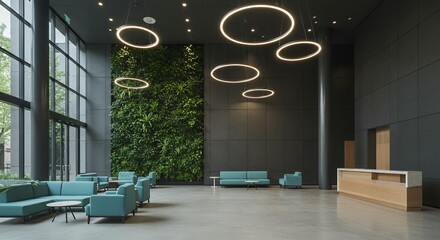 Modern corporate office lobby interior with living green wall, circular pendant lights, and turquoise seating for professional business environment