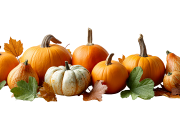 Pumpkins and autumn leaves on clear bg