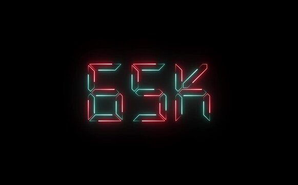 A glowing neon "65K" text icon pulses with bright electric colors, flickering slightly for a dynamic effect&mdash;perfect for highlighting milestones, followers, or achievements.
