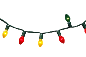 Festive string lights glowing red yellow green isolated on a transparent background