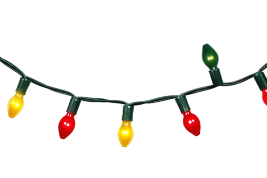 Festive string lights glowing red yellow green isolated on a transparent background