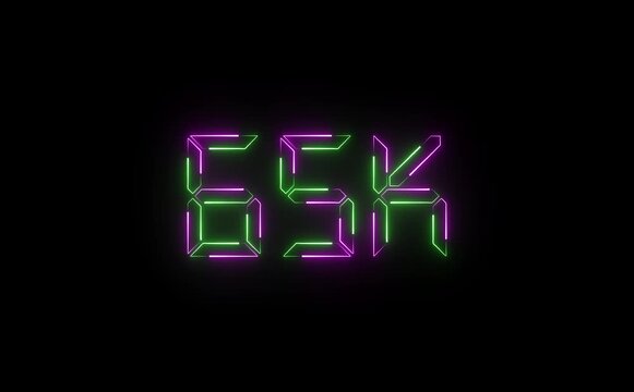 A glowing neon "65K" text icon pulses with bright electric colors, flickering slightly for a dynamic effect&mdash;perfect for highlighting milestones, followers, or achievements.
