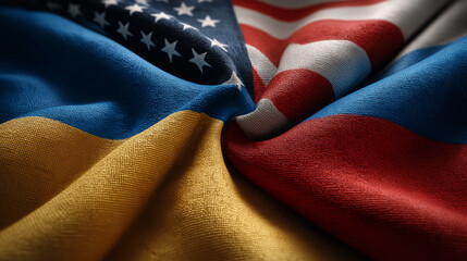 Fototapeta premium Conflict and unity the intersection of american ukrainian and russian flags textile art global tensions close view political discourse