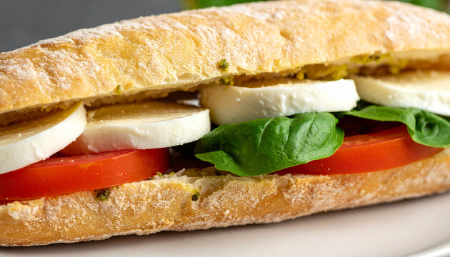 Caprese Sandwich, fresh mozzarella, tomato, basil and pesto in ciabatta bread. Tasty food