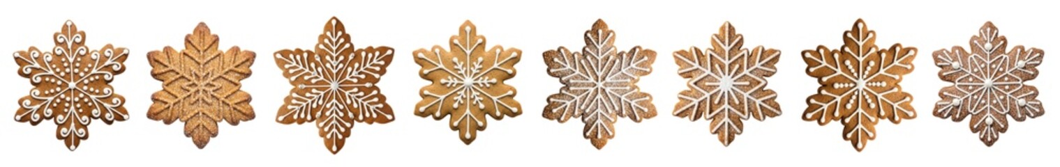 Festive gingerbread snowflake cookies with icing decoration isolated, holiday baking decor ideas, Christmas, New Year winter holidays