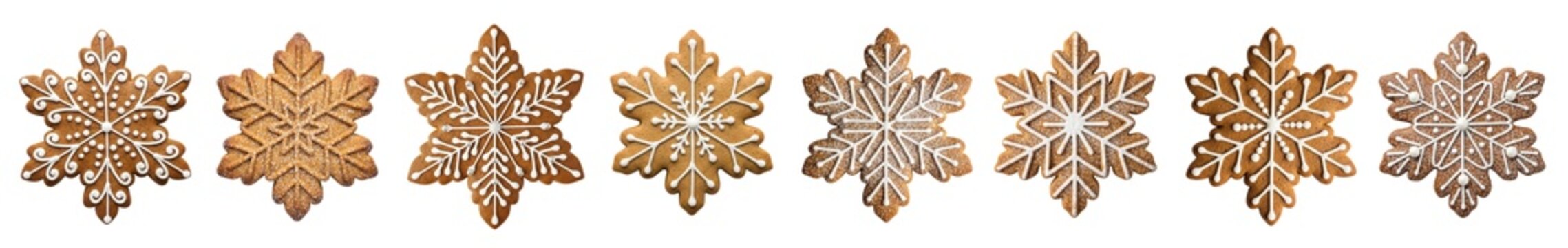 Festive gingerbread snowflake cookies with icing decoration isolated,  holiday baking decor ideas, Christmas, New Year winter holidays
