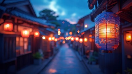Luminous Blue Lantern Illuminates a Serene Japanese Alley at Twilight