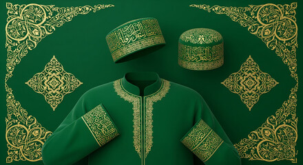 green gold islamic robe prayer cap set