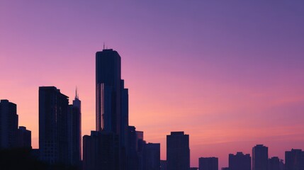 City skyline silhouette at sunset purple and pink sky Buildings Urban Dusk