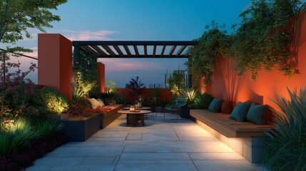 Modern Rooftop Terrace with Pergola Lighting and Planters at Dusk Garden