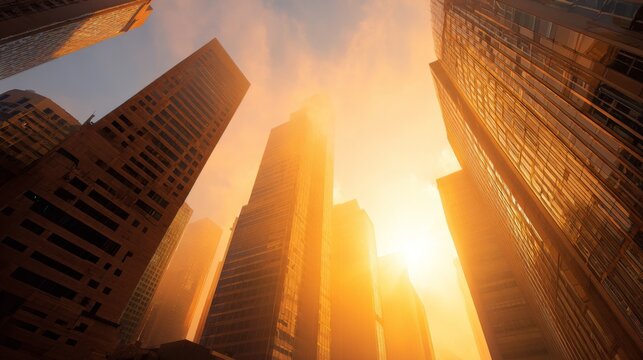 Cityscape Tall buildings at sunset low angle view Golden sunlight illuminates skyscrapers - Powered by Adobe