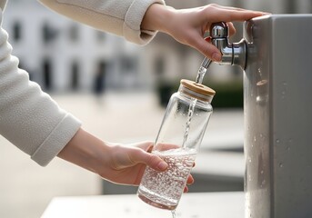 Filling a Reusable Glass Water Bottle at an Outdoor Public Tap