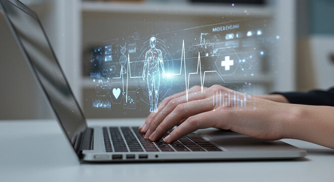 Person using laptop with health hologram overlay suitable for medical technology, digital health presentations, telehealth concepts, wellness blogs. - Powered by Adobe