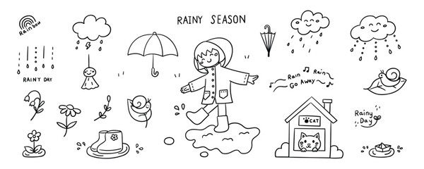 Hand drawn rainy season element line doodle concept set. Illustration vector design.