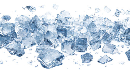 Scattered frozen water cubes and shards suspended in air against white background, cut out transparent