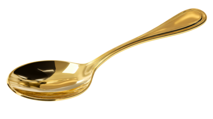 Polished golden soup spoon with curved handle and reflective surface, cut out transparent