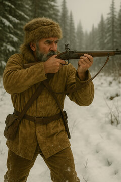  AI-generated image of a rugged frontiersman in fur-trimmed winter clothing aims a vintage flintlock rifle in a snowy forest, embodying the spirit of pioneer hunting and survival.