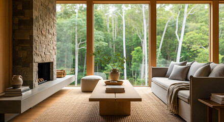 Fototapeta premium Serene Living Room with Forest View, Modern Interior Design