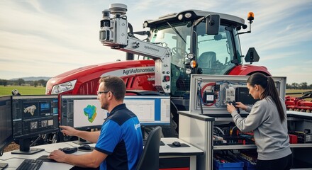 Fototapeta premium Integrated lidar mast installation on a selfdriving tractor with technicians working on software and hardware at a digital control desk.