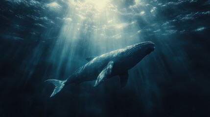 Fototapeta premium Majestic Whale Ascending Through Ethereal Sunbeams in the Deep Blue Ocean's Silence.