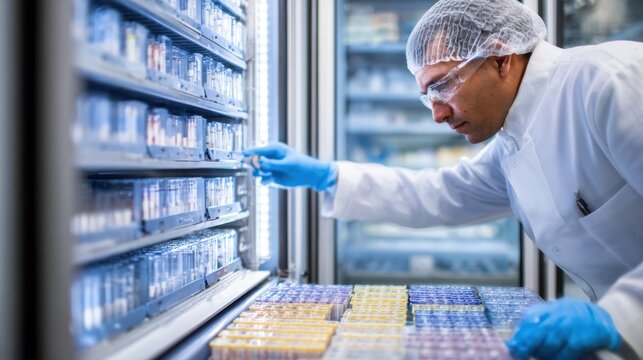 Technician adjusting temperature controls on a peptide refrigerator with focused peptides in the foreground illustrating coldchain protocol management.