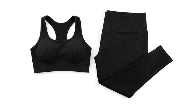 Black Sports Bra and Matching Leggings Athletic Set Isolated on White