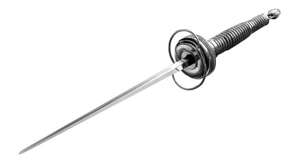 Ornate steel rapier sword with protective basket hilt and detailed grip, cut out transparent