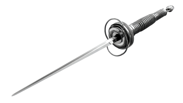 Ornate steel rapier sword with protective basket hilt and detailed grip, cut out transparent