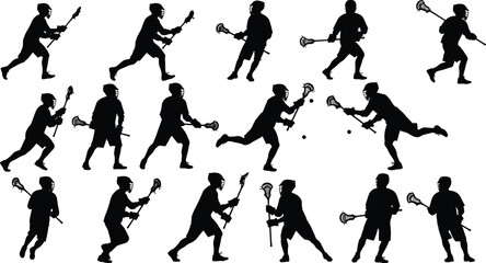 Silhouettes of lacrosse players in action, dynamic movement, intense competition, athletic skill, team sport, field game, sports energy, equipment