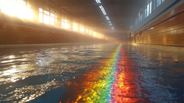 Ethereal Rainbow Path on Rippling Water in a Sun-Drenched, Hazy Indoor Pool.