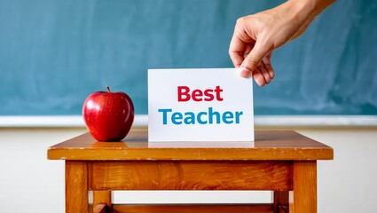 Best teacher sign with apple on wooden desk