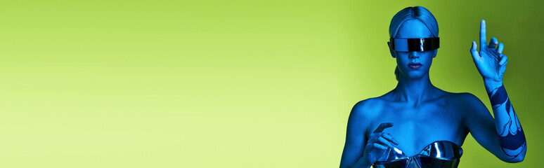 Futuristic style in vibrant colors showcasing young woman in chic sunglasses