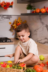 Child Playing with Autumn Harvest