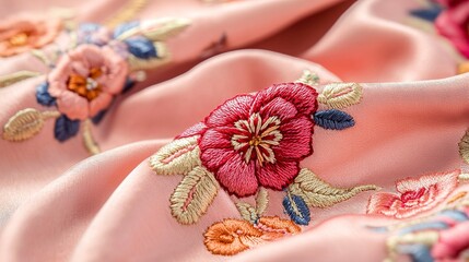 Delicate embroidery of a floral motif on a blouse, isolated on a pure white background, feminine, detailed