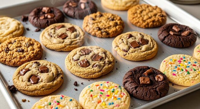 Warm freshly baked cookies assortment on metal tray, a delicious treat for any occasion