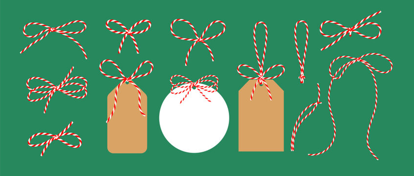 Blank Christmas New Year tag with bow and ribbon. Kraft paper background, element for gift tied up with cotton red rope bakers twine. Packing string for decoration, present. Flat Isolated vector EPS10