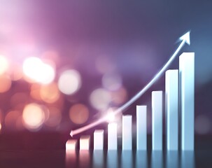 Growth Bar Chart with Pink Arrow and Soft Bokeh Lights Background business finance