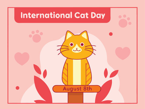International Cat Day with Cute Orange Cat and Hearts feline animal - Powered by Adobe