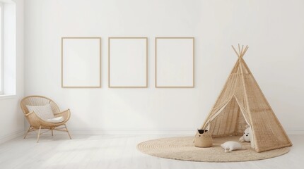 Mock up poster frame in children room with natural wooden furniture on beige background, 3d render