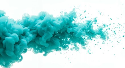 Billowing turquoise smoke cloud with particles dispersing into abstract flowing pattern on white background