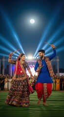 Young couple playing Garba under a moonlit Navratri sky