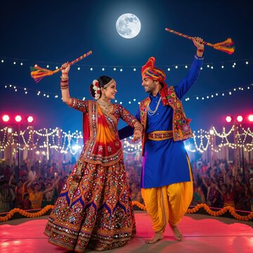 Young couple playing Garba under a moonlit Navratri sky